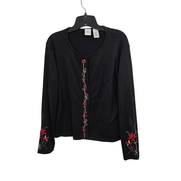 Emma James Sweaters - Floral Embroidery Black Snap Front Cardigan Womens Size Large